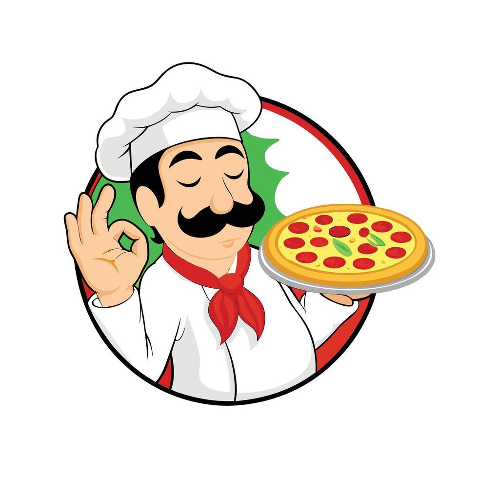 Illustration of an italian cartoon chef with a freshly baked pizza vector