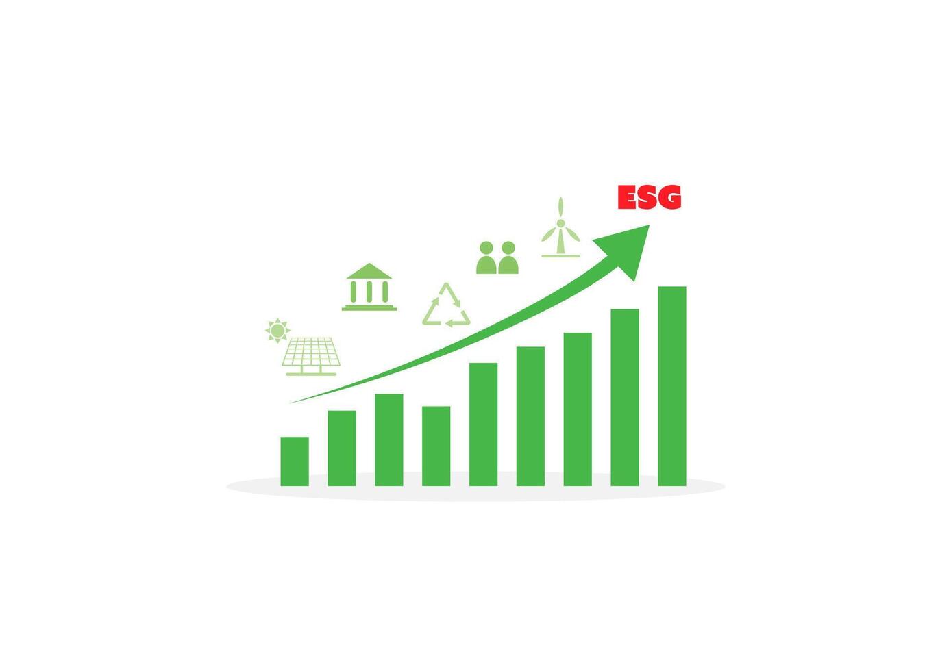 ESG investment concept. Green bar graph with upper arrow with sustainable icons on white background. Environment, social, governance, and sustainability development. vector