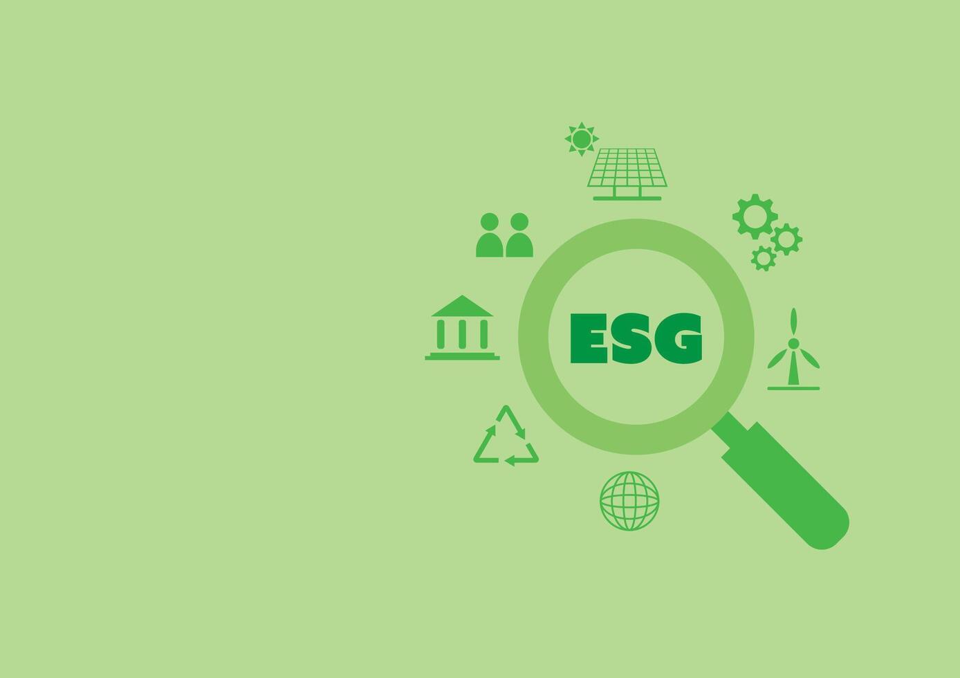 ESG investment concept. A green magnifying glass with sustainable icons. Environment, social, governance, and sustainability development. vector