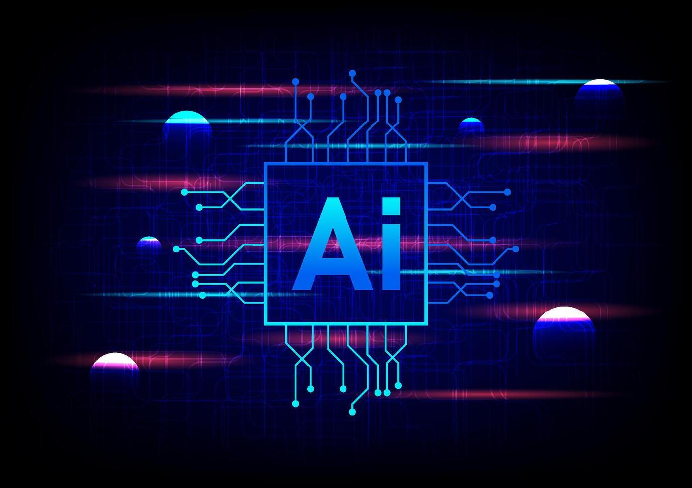 Artificial Intelligence text on line circuit on blue technology background. vector