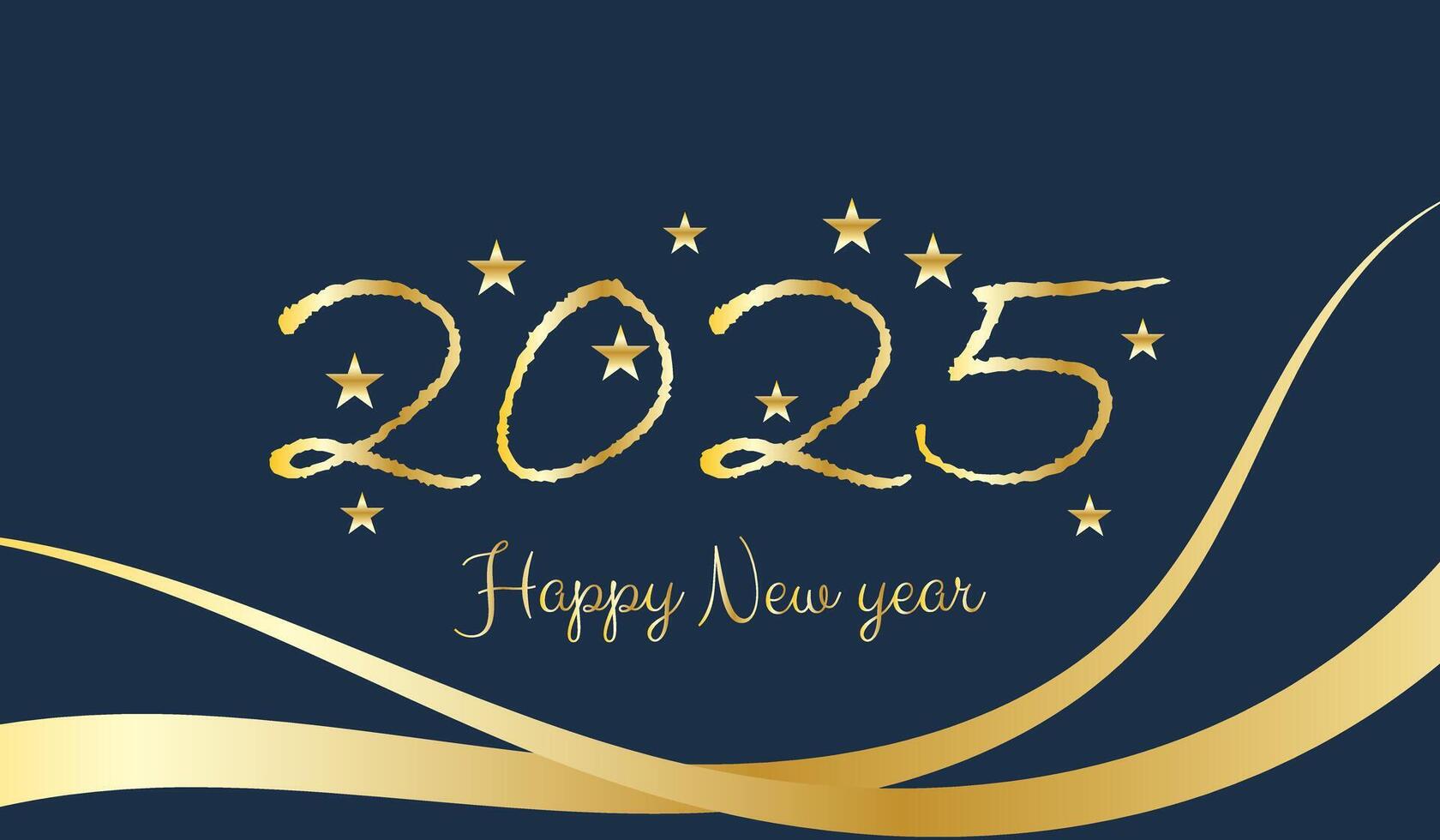 Happy New Year concept with a golden 2025 number on a dark blue background with a golden ribbon and shiny star for banner, card, and web. vector