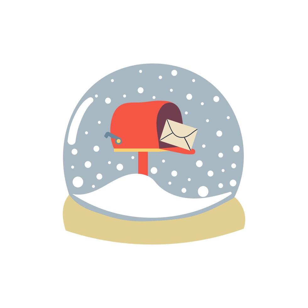 Glass snow globe post mail Christmas decorative design. Podium under transparent glass dome with white snowdrift . Xmas round scene. Stand for Promotion Product cozy winter element . vector