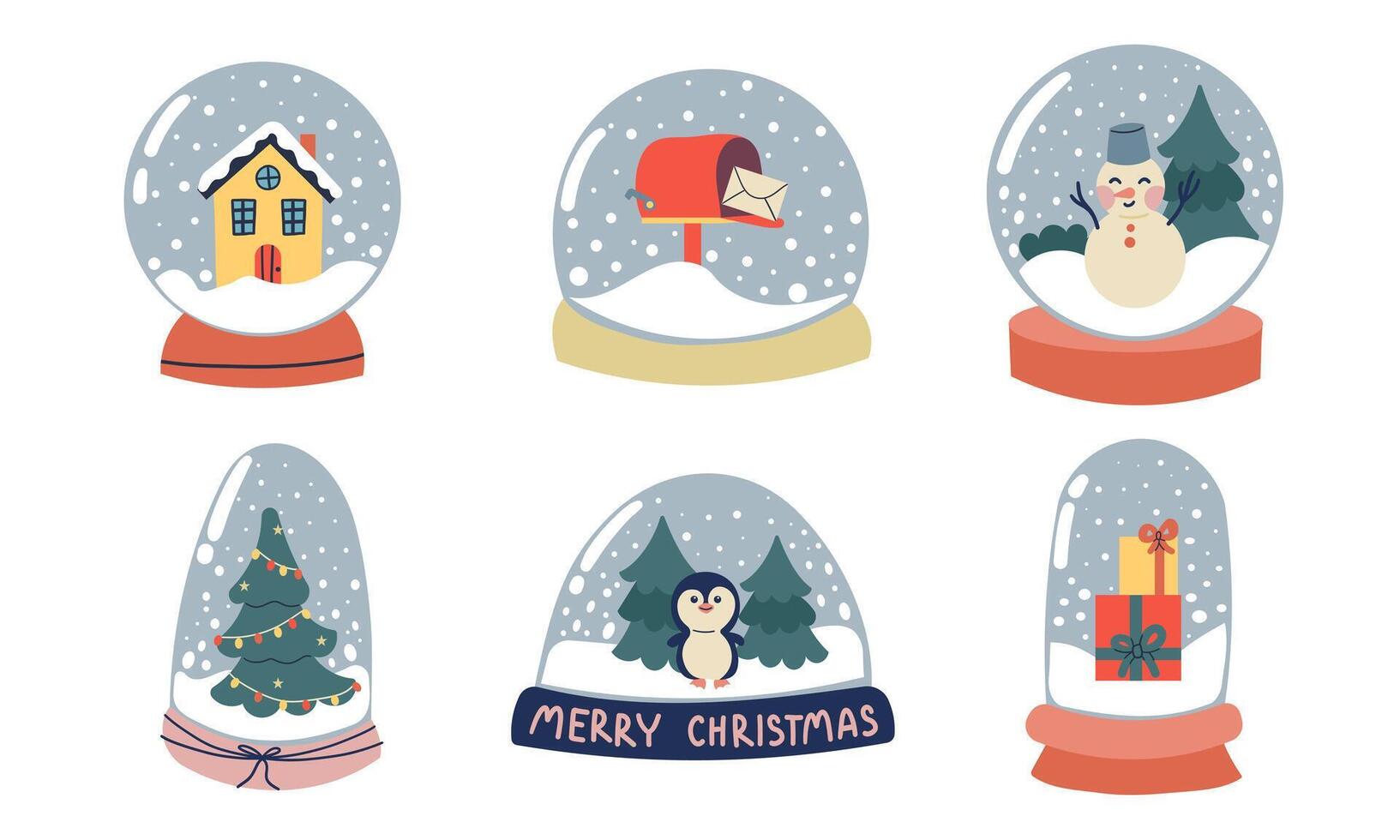 Christmas snow globe flat icons set. Crystal snowball with winter landscape, Santa Claus with presents, snowman and letter. Winter holiday snowball with snowflakes. Color isolated illustrations vector