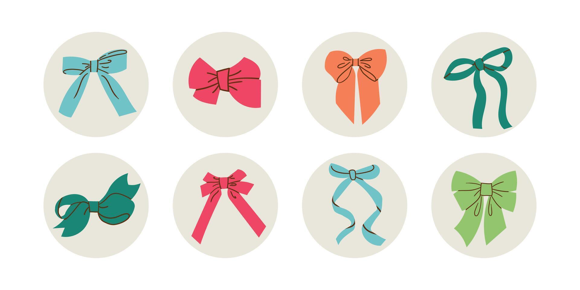 Bow hand drawn stickers illustrations set. Flat red patch,orange, green and blue ribbon knots drawing. Bowknot clip arts. Hair accessories or for gift . Greeting card design vector