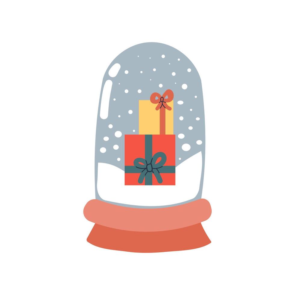 Snow globe with Christmas gift boxes design. Podium under transparent glass dome with white snowdrift . Xmas round scene. Stand for Promotion Product cozy winter element . vector