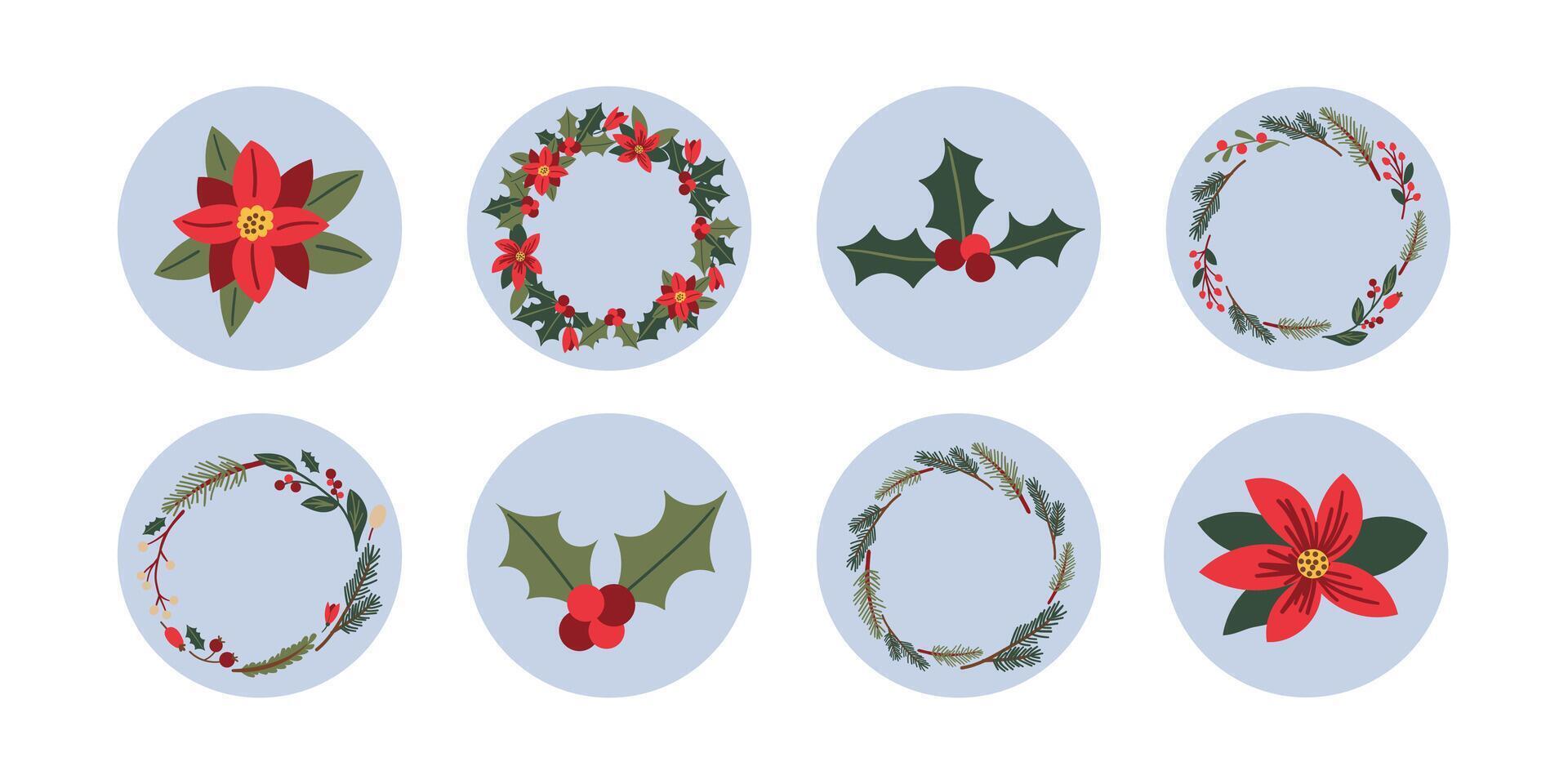 Unique Christmas wreaths flat color objects set. Flowers pine cones leaves and branches frames sticker illustrations pack on white for web, card and social media design . vector