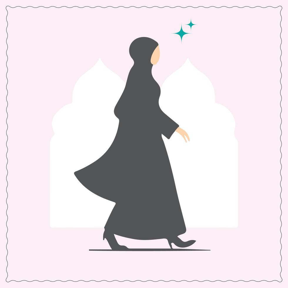 Black silhouette of a hijabi Muslim woman standing. Female wearing Headscarves with jharokha in Background. This design is perfect for hijab brands. vector