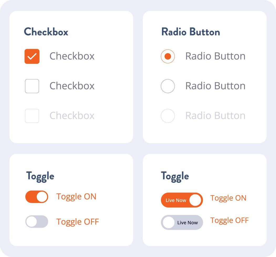 Switch toggle icon set. Outline toggle in orange. Turn on and turn off slider. Switch on and off toggle. Power button in line and flat style. Material design switch buttons set vector