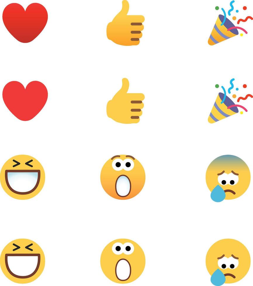 Big set of yellow emoji. Heart, laugh, confetti, thumbs up, hand, gasp. Emoticon vector