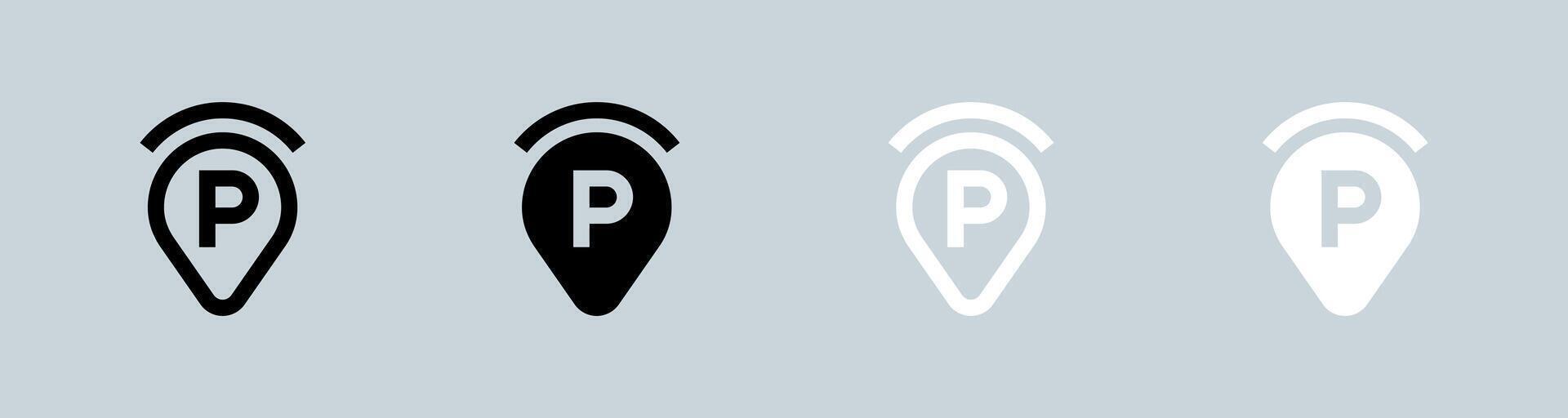 Parking icon set in black and white. Automobile signs illustration. vector