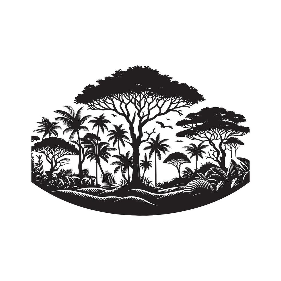 Black Silhouette of Jungle Tree Line Minimalist Art on White Background vector