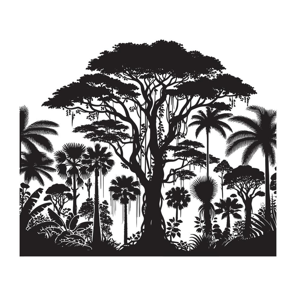 Black Silhouette of Jungle Tree Line Minimalist Artwork on White Background vector