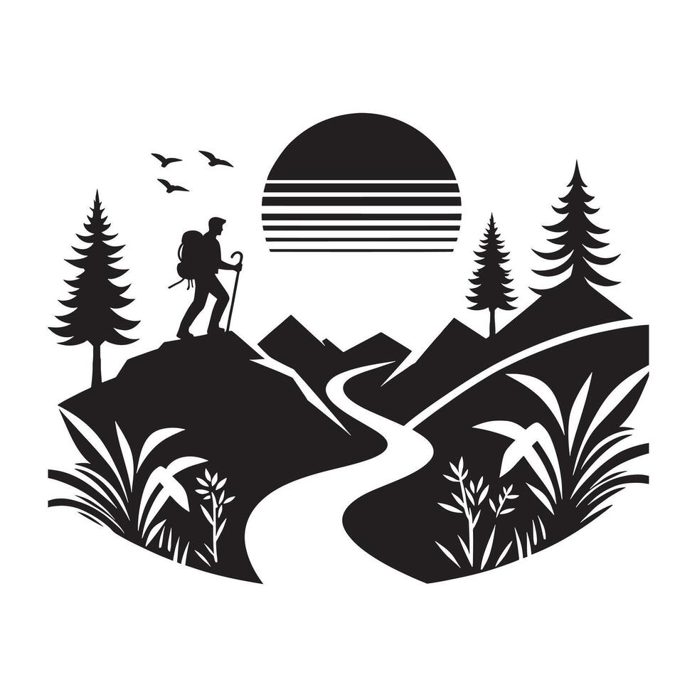 Minimalist Black Silhouette of Hiking Trails on White Background vector