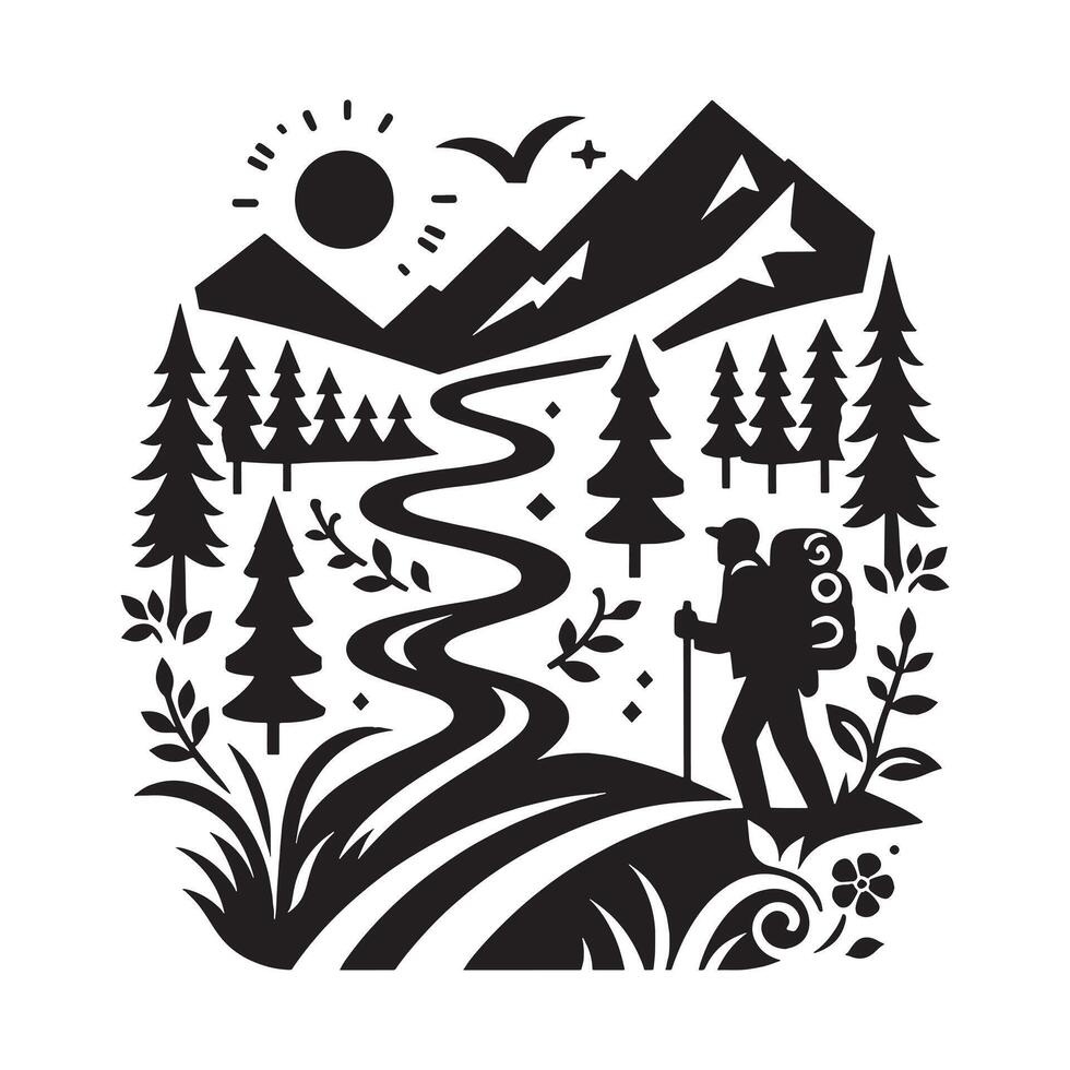 Minimalist Black Silhouette of Hiking Trails in Nature on White Background vector