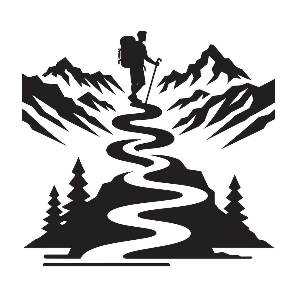 Hiking Trails Minimalist Black Silhouette Art in Flat Design on White Background vector