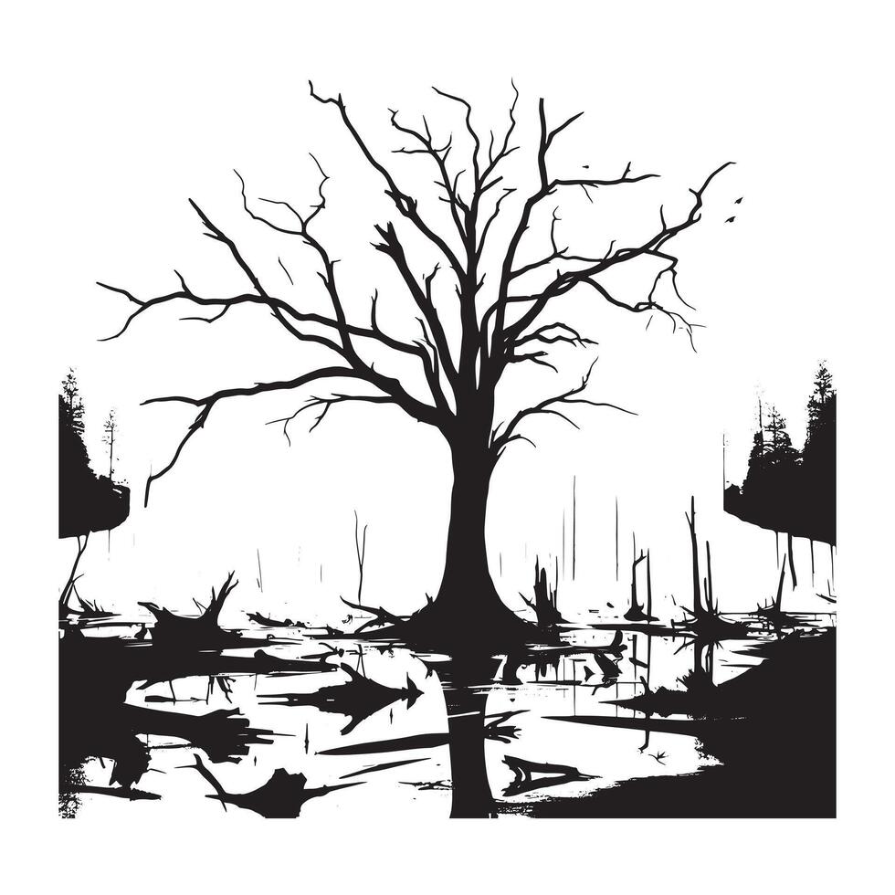 Black Silhouette of Barren Dead Tree Minimalist Art on White Background vector