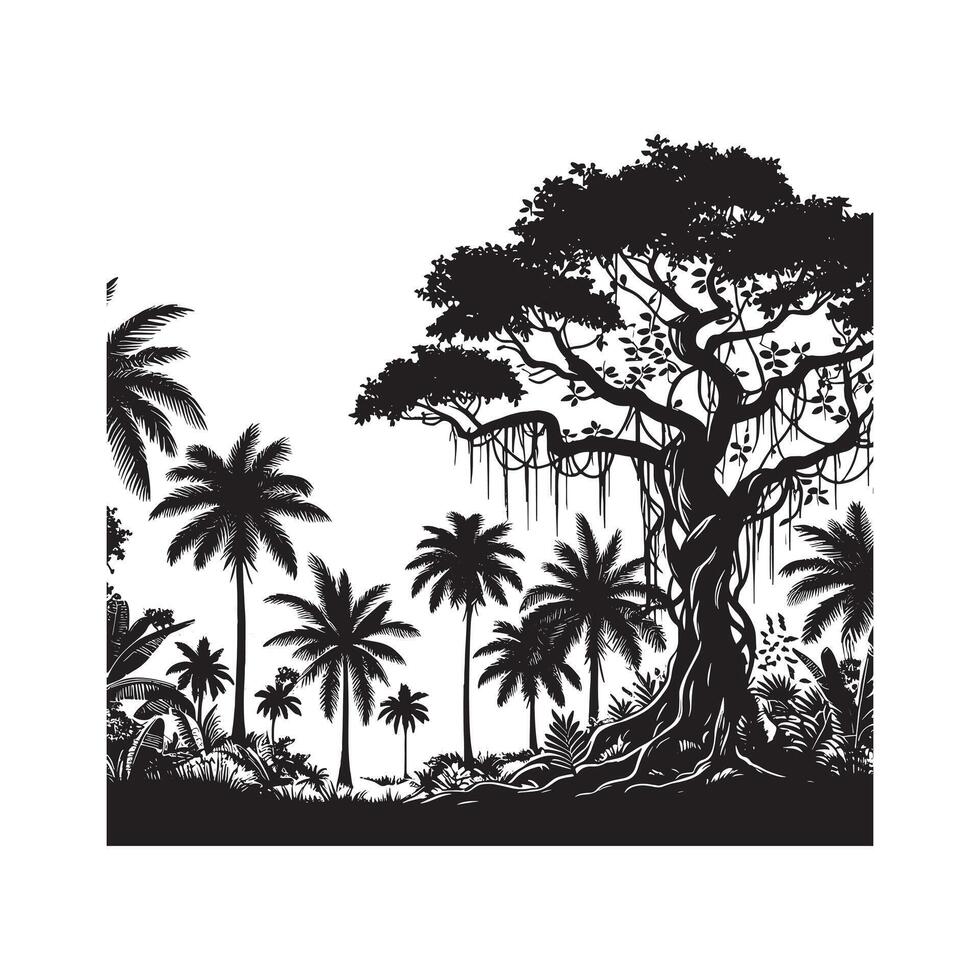 Minimalist Black Silhouette Art of Jungle Tree Line on White Background vector