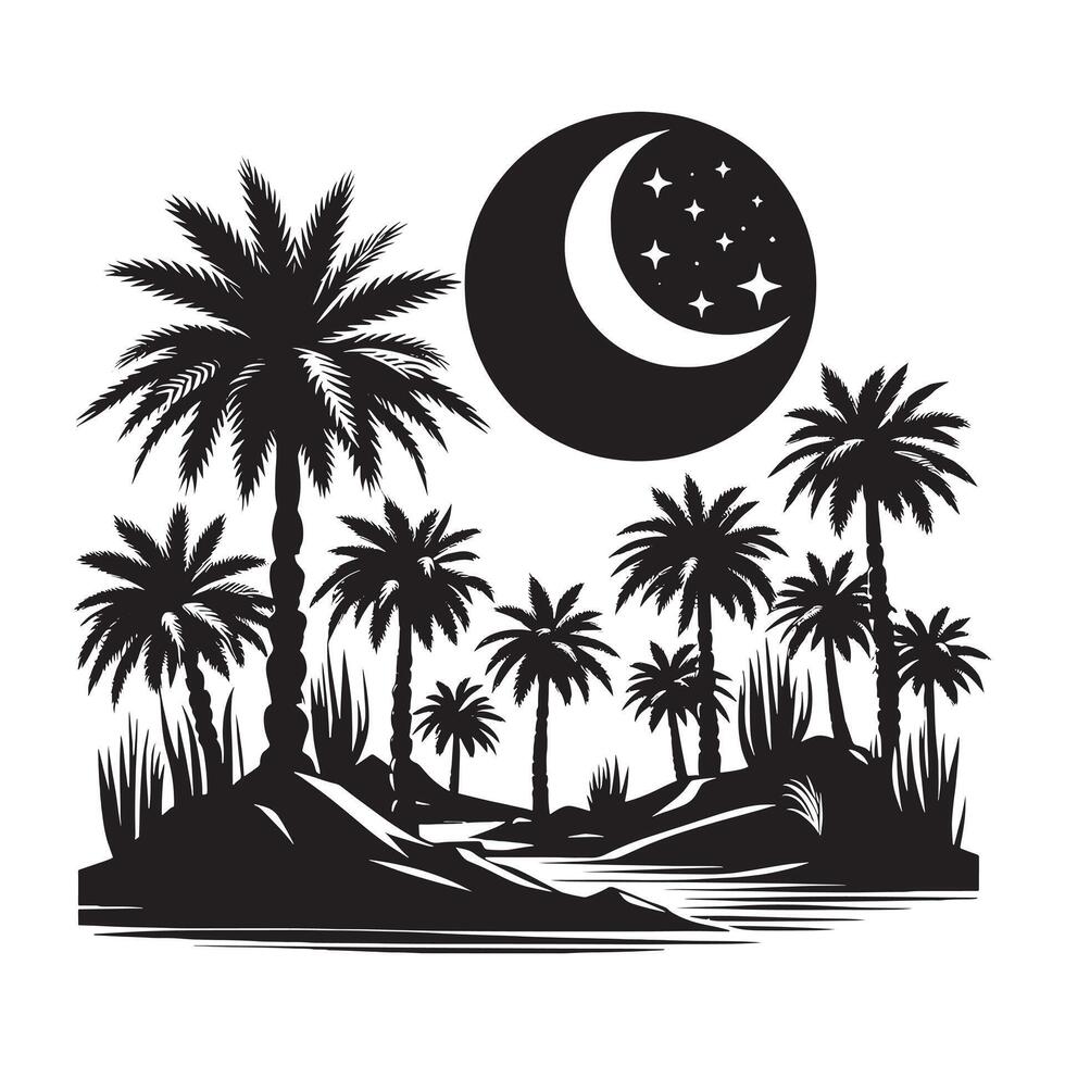 Black Silhouette of Oasis Palm Trees Minimalist Art vector