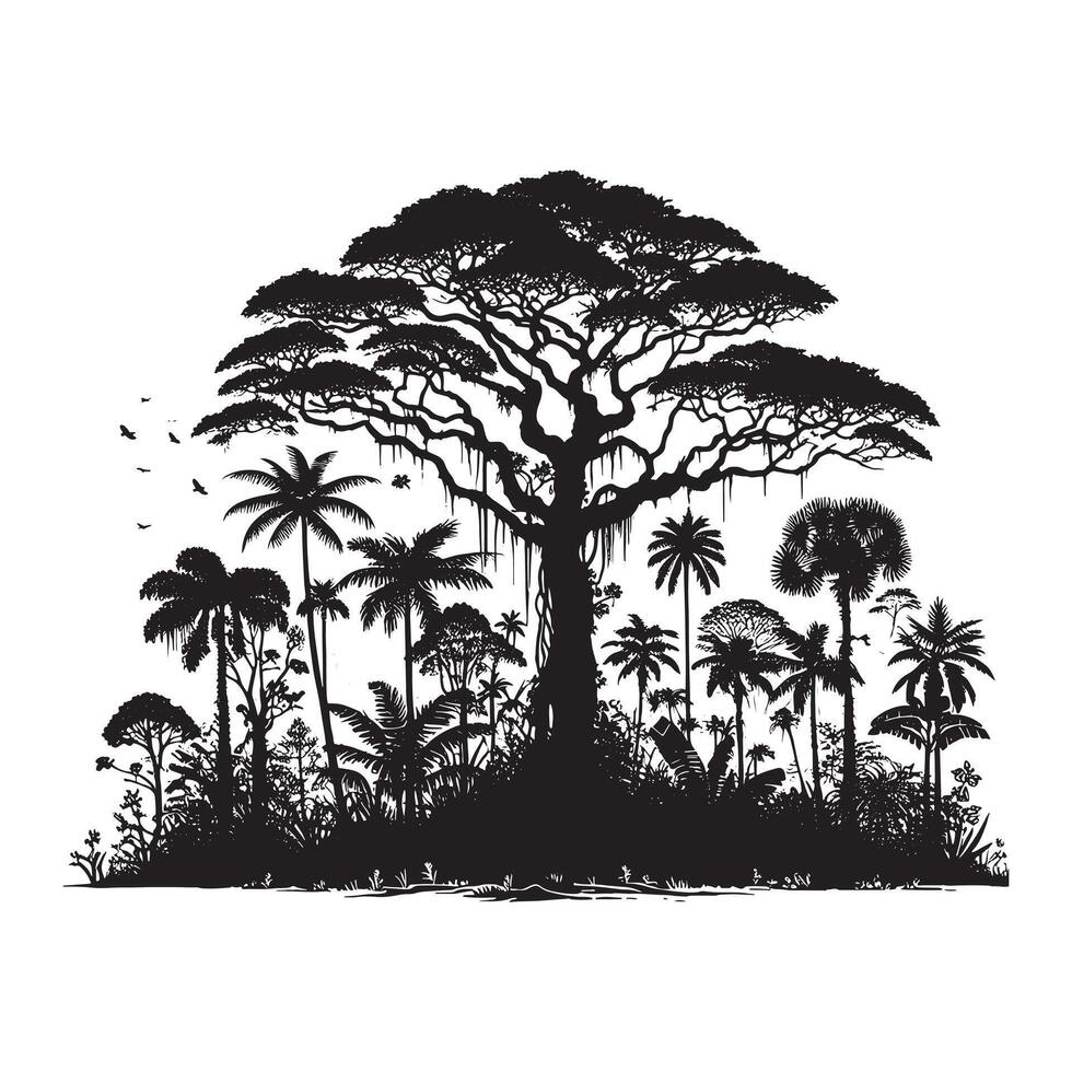 Black Silhouette of Jungle Tree Line Minimalist Scenic Art on White Background vector