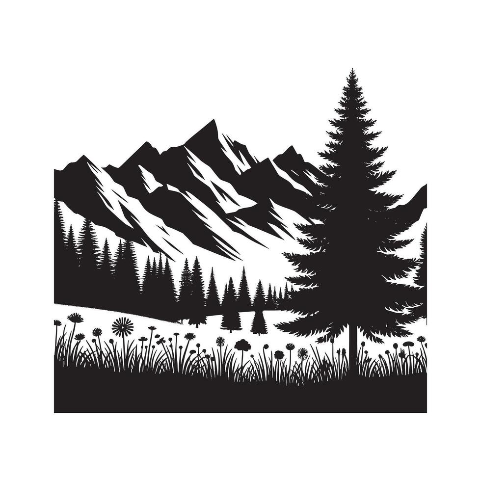 Alpine Meadow Scene in Black Silhouette on White Background vector