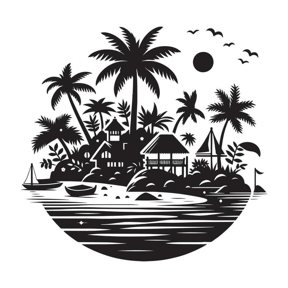 Flat Artistic Tropical Island Black Silhouette vector