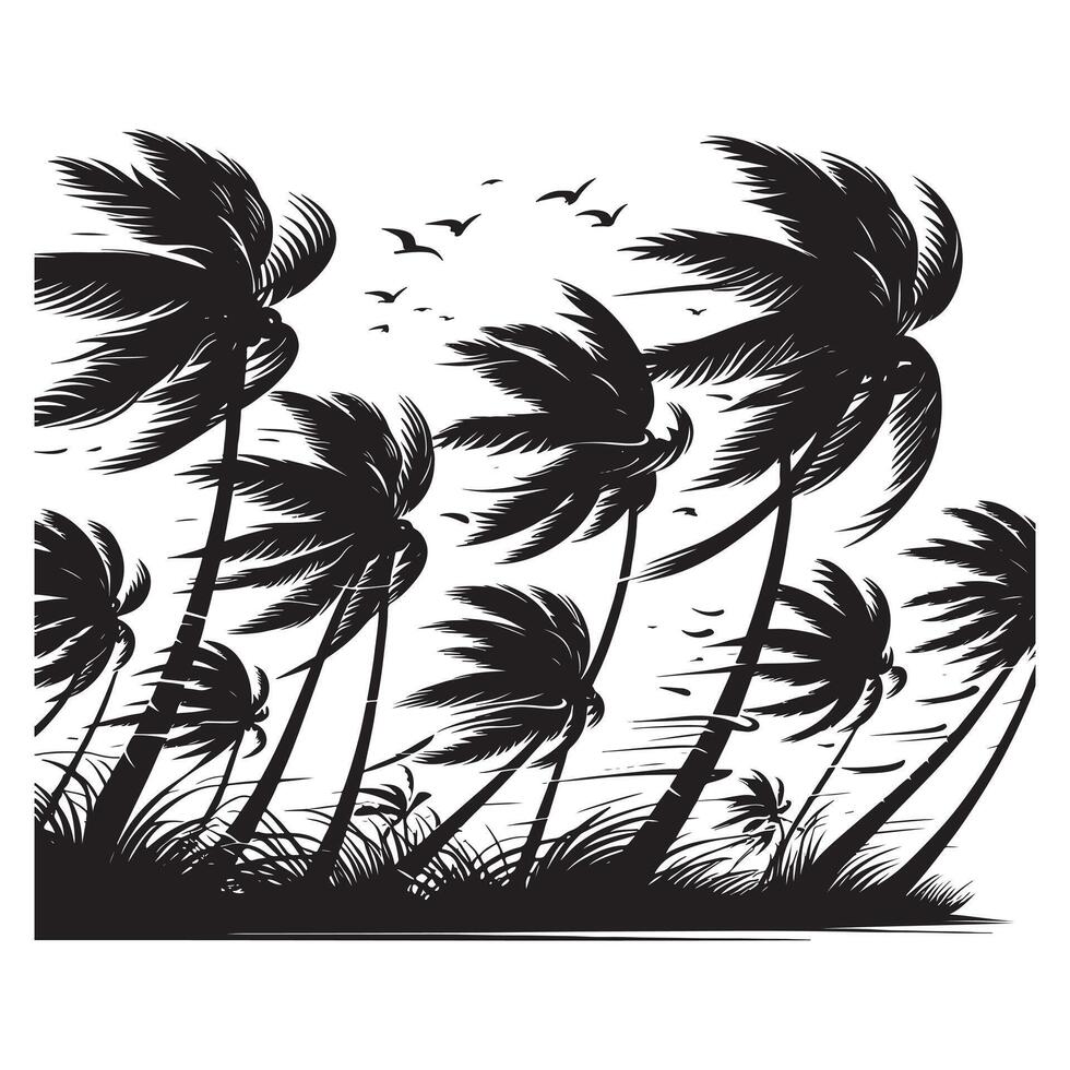 Black Silhouette of Wind-Blown Palm Tree vector