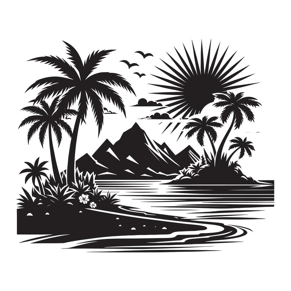 Minimalist Black Silhouette of Tropical Island with Palms vector