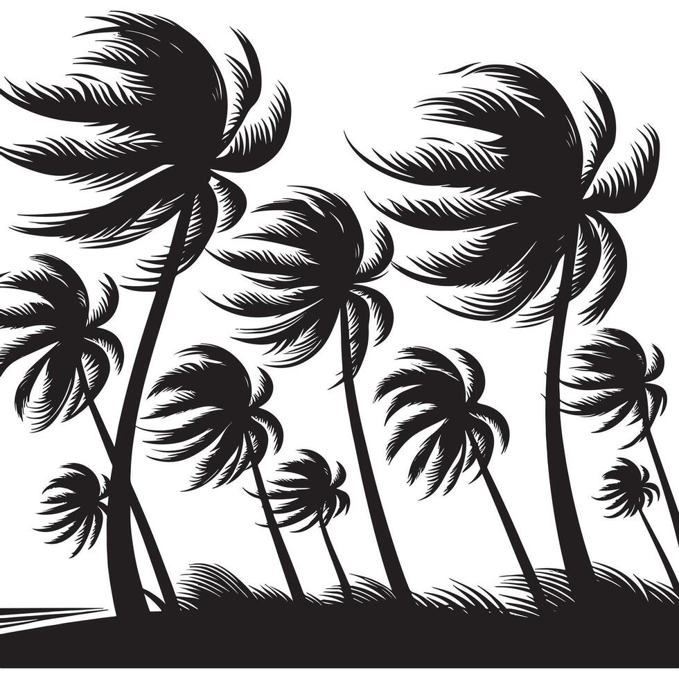 Flat Black Silhouette of Wind-Blown Palm Tree vector