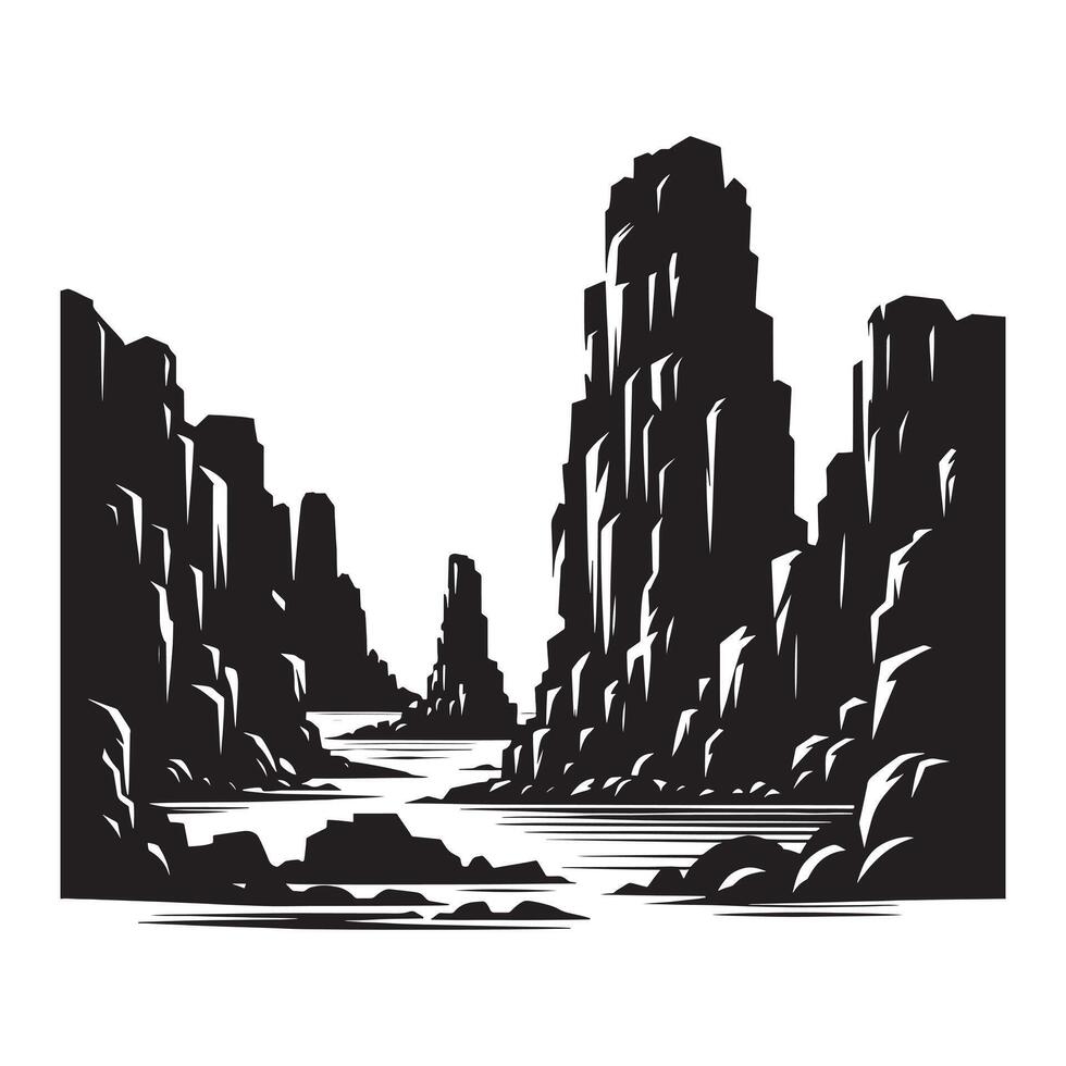 Black Silhouette Design of Rugged Rocky Cliffs on White Background vector