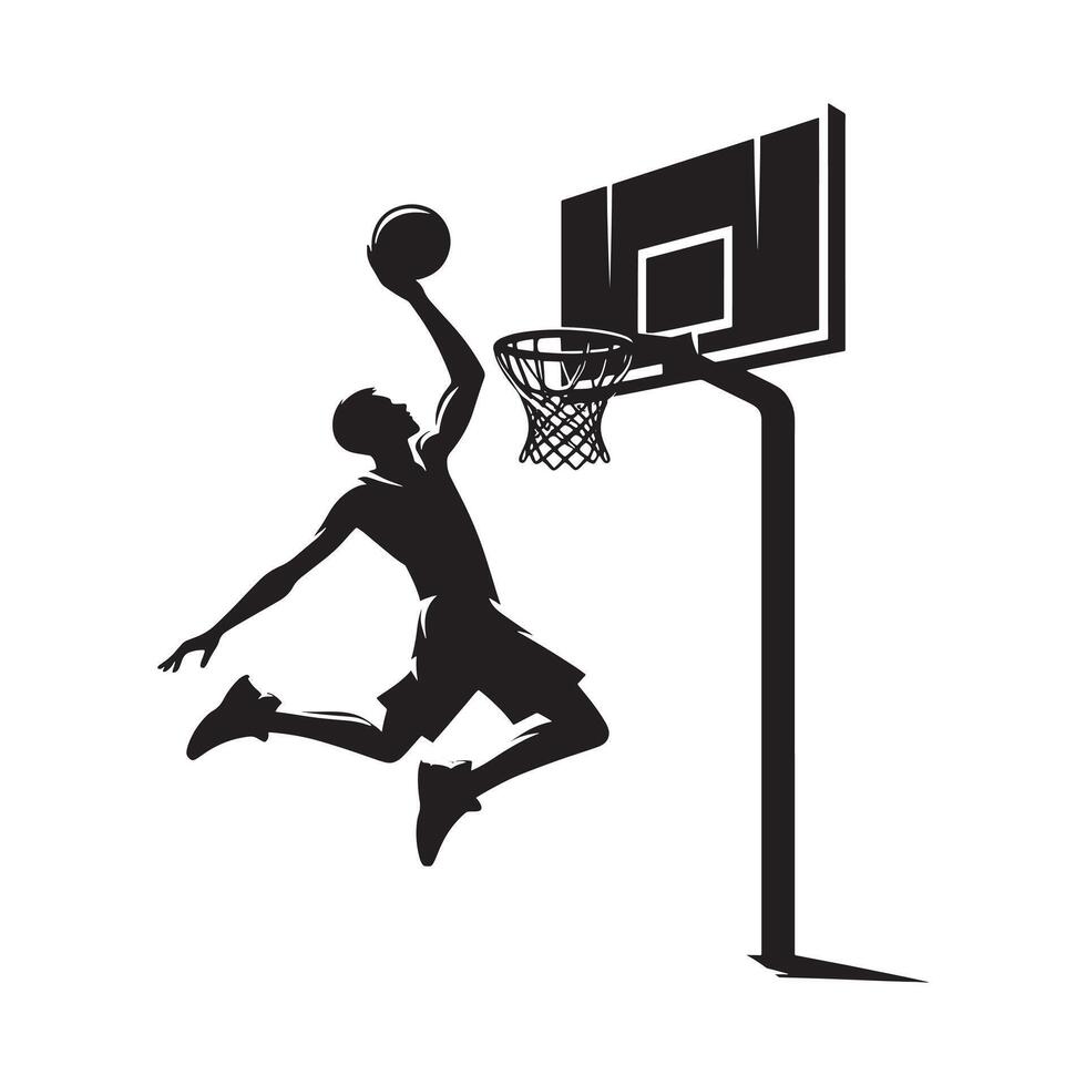 Man Jumping High to Dunk a Basketball with Power and Precision in an Intense Game Situation vector