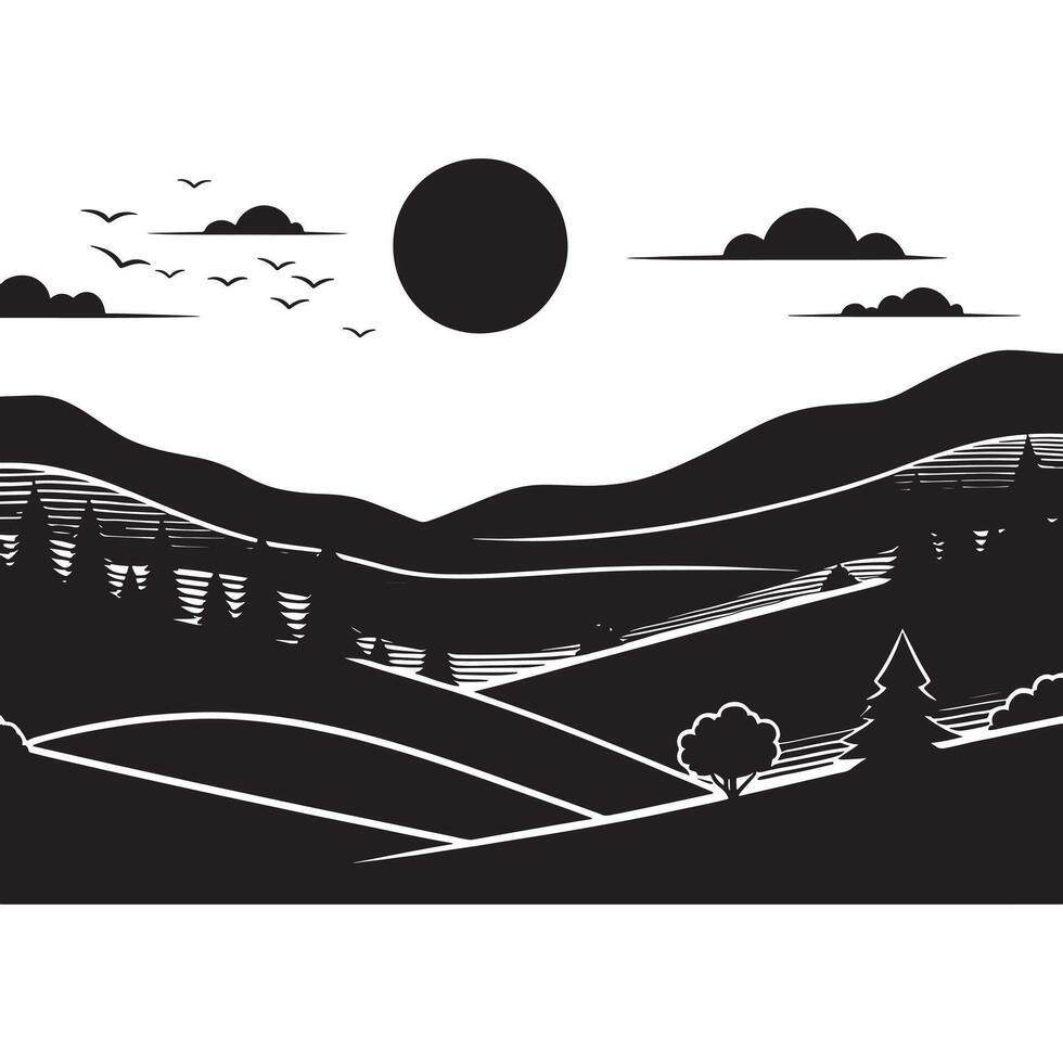 Minimalist Illustration of Rolling Hills in Black Silhouette Design vector