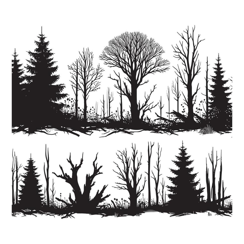 Flat Black Silhouette of Sparse Woodland Tree Line vector