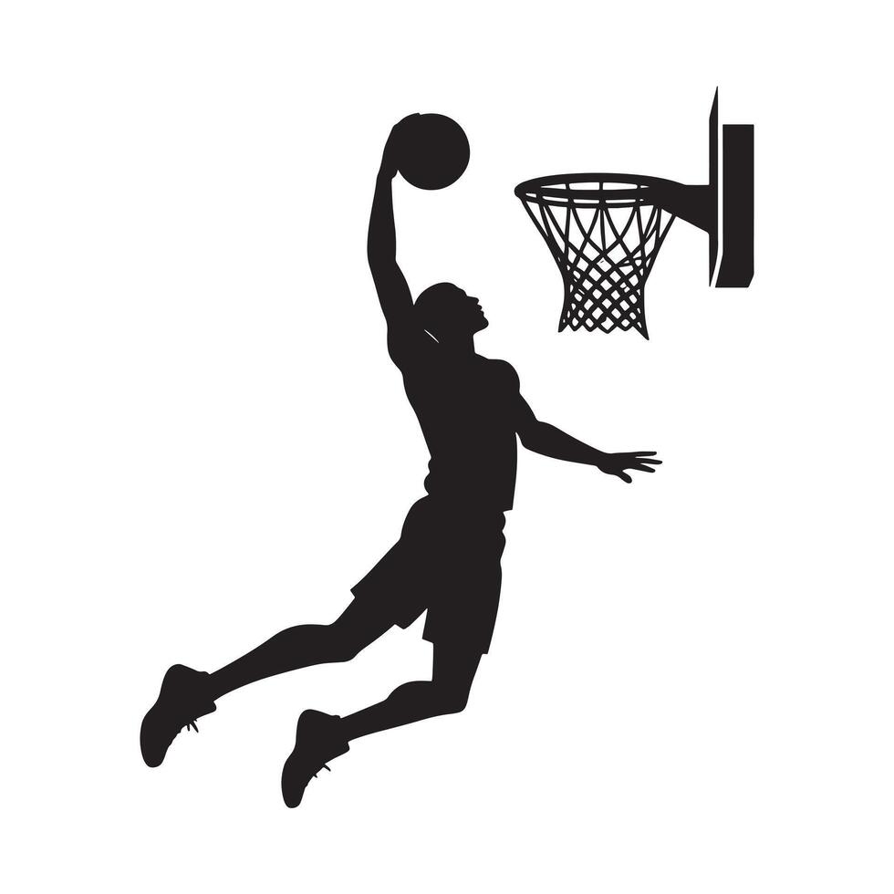 Man Performing a Powerful Basketball Dunk with Dynamic Motion and Athletic Form in a Competitive Sports Game vector