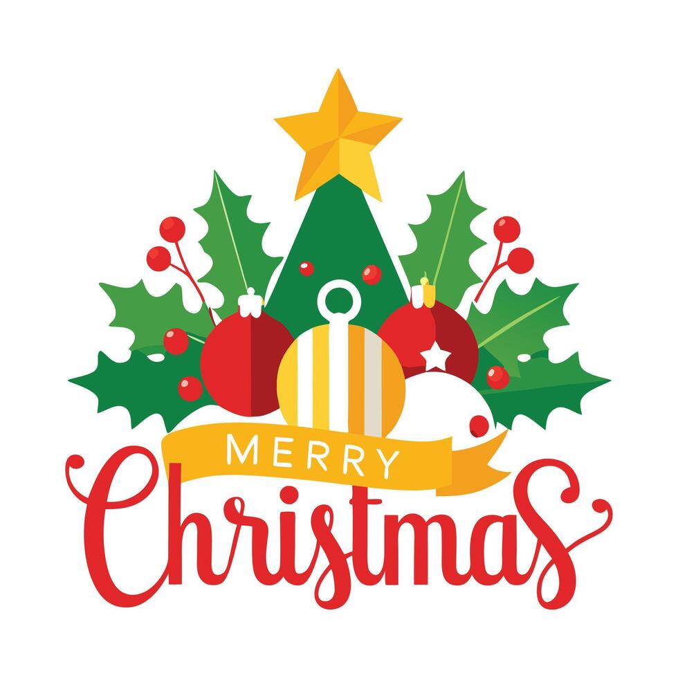 Merry christmas lettering with tree and decorations illustration on white background vector