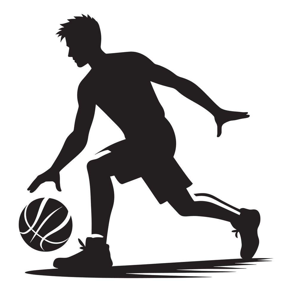 Silhouette of Man Dribbling Basketball with Focus and Energy in Action vector