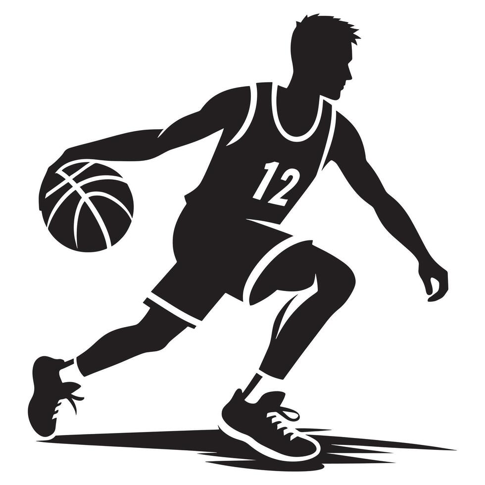 Man Dribbling Basketball Silhouette in Action on White Background vector