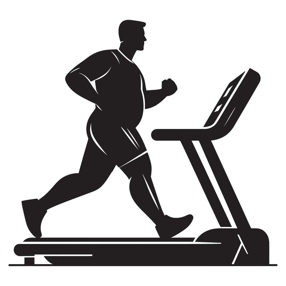 Plus Size Man on Fitness Treadmill Silhouette Illustration on White Background vector