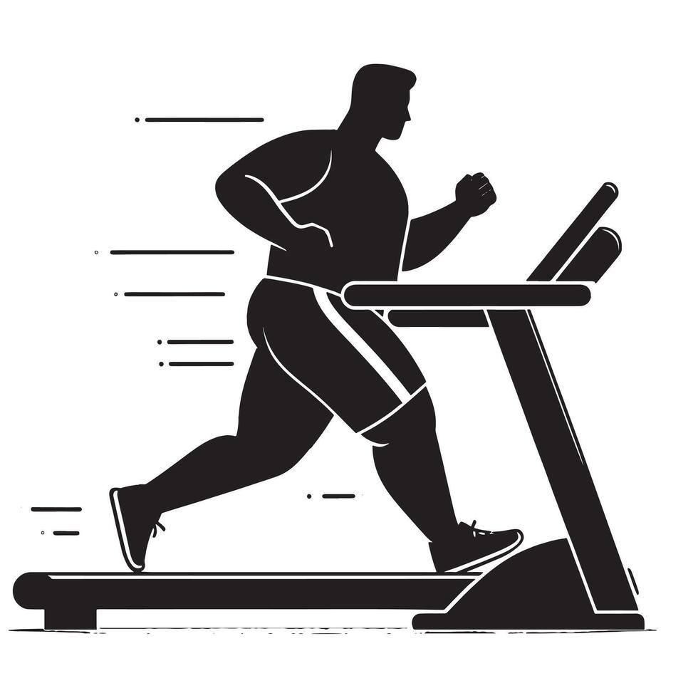 Silhouette of a Plus Size Man Jogging on a Treadmill on White Background vector