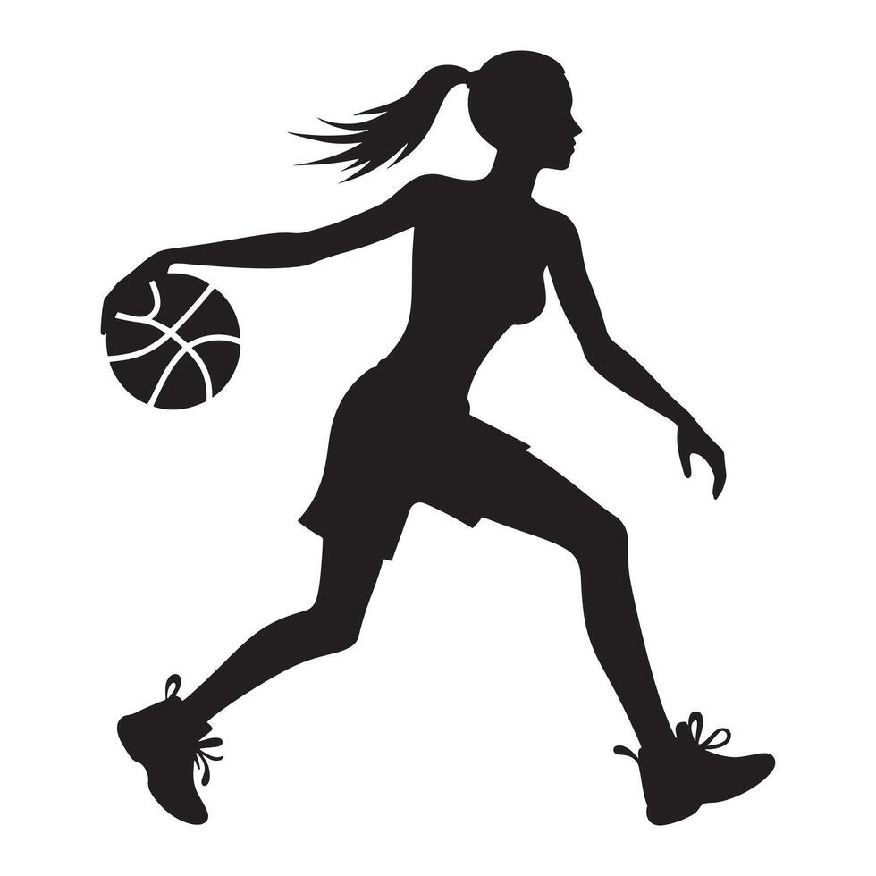 Dynamic Silhouette of Woman Dribbling Basketball on White Background vector