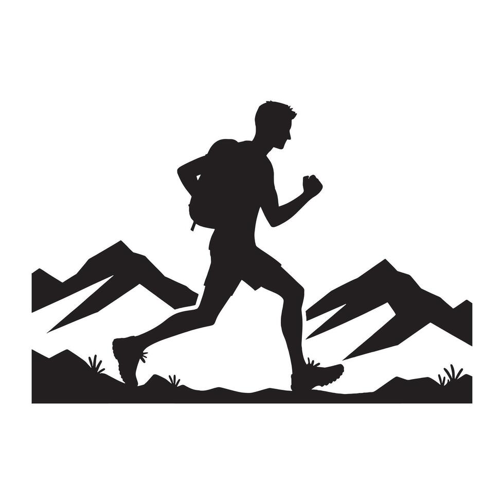Minimalist Black Silhouette of Trail Running on White Background vector