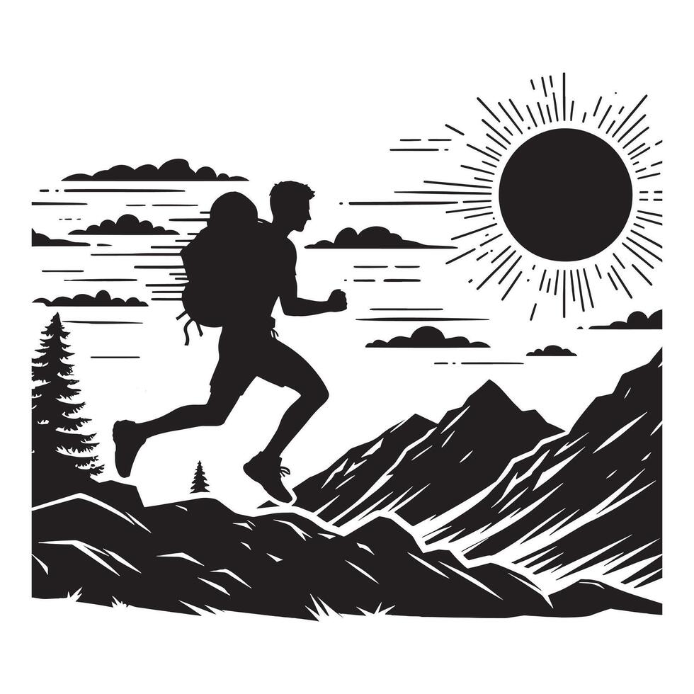 Flat Black Silhouette of Trail Running on White Background vector
