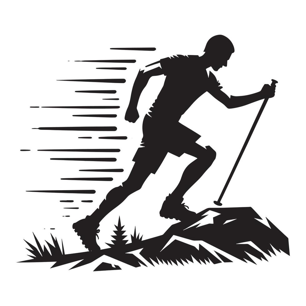 Black Silhouette of Trail Runner in Motion on White Background vector