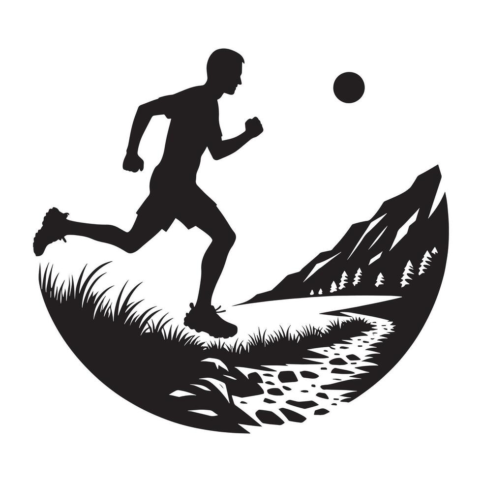 Flat Black Silhouette of Trail Running Athlete on White Background vector