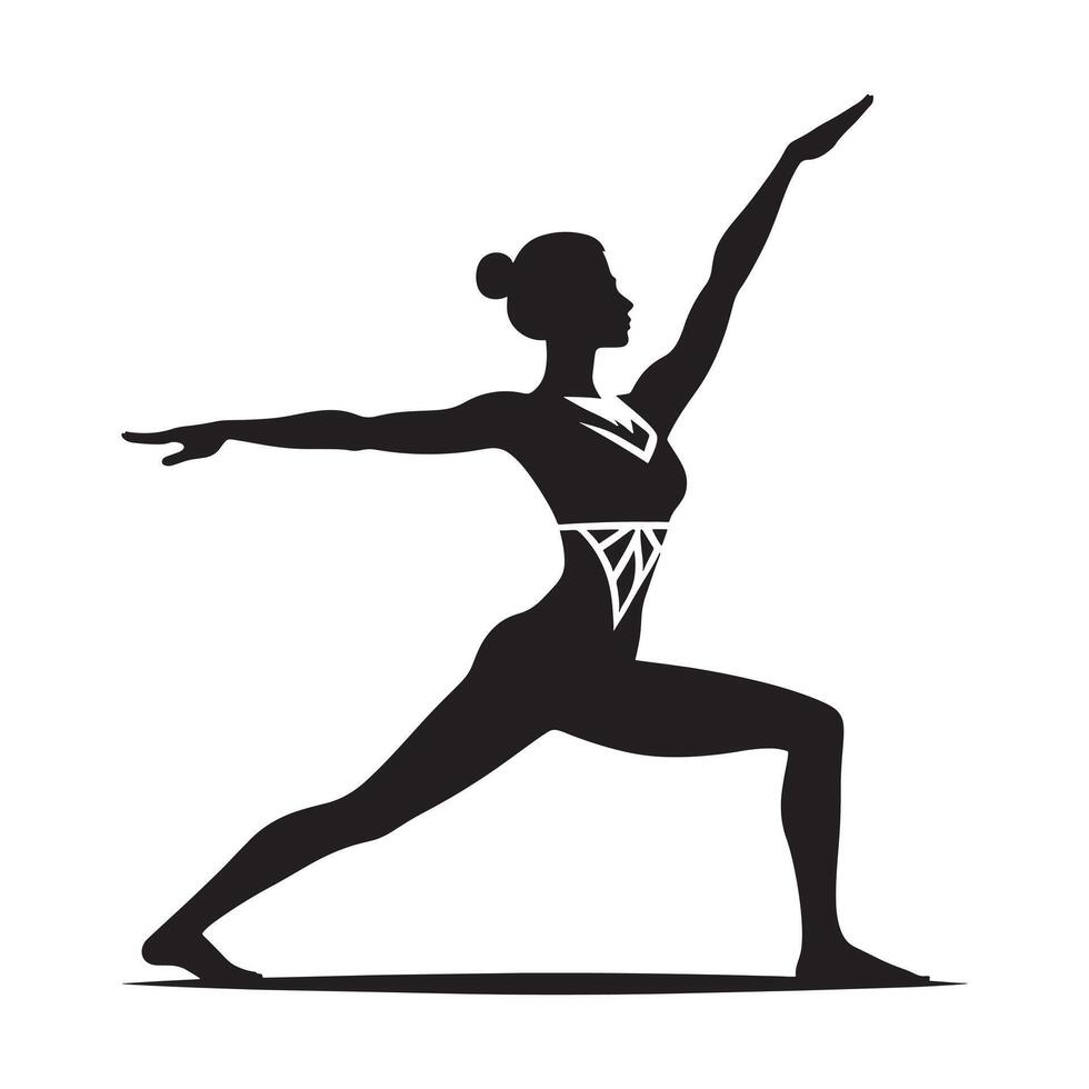 Dynamic Yoga Warrior Pose Silhouette on White Background vector