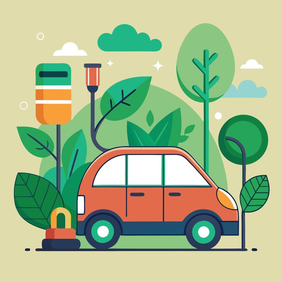 A modern, eco-friendly electric car plugged into a charging station, symbolizing sustainability. vector