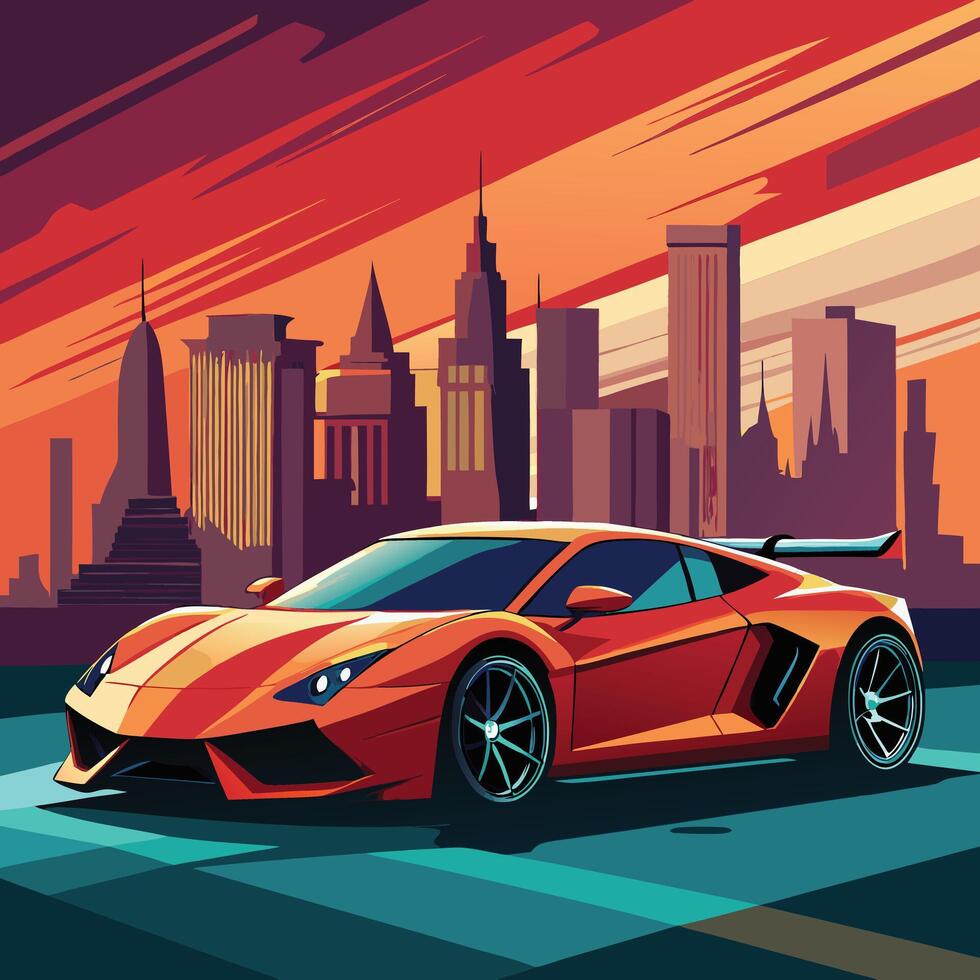 A high-end luxury sports car, parked in front of an urban skyline or in motion on an open road. vector