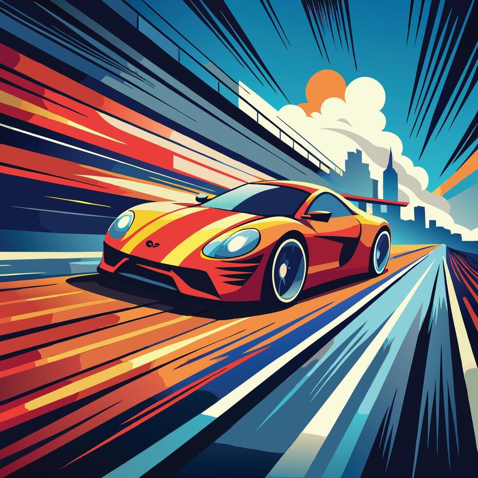 A high-speed car racing down a track, motion blur effects emphasizing speed and energy. vector