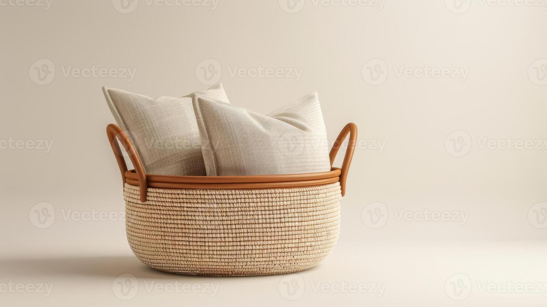 Generate a professional 3D rendering of a storage basket with pillows inside it photo