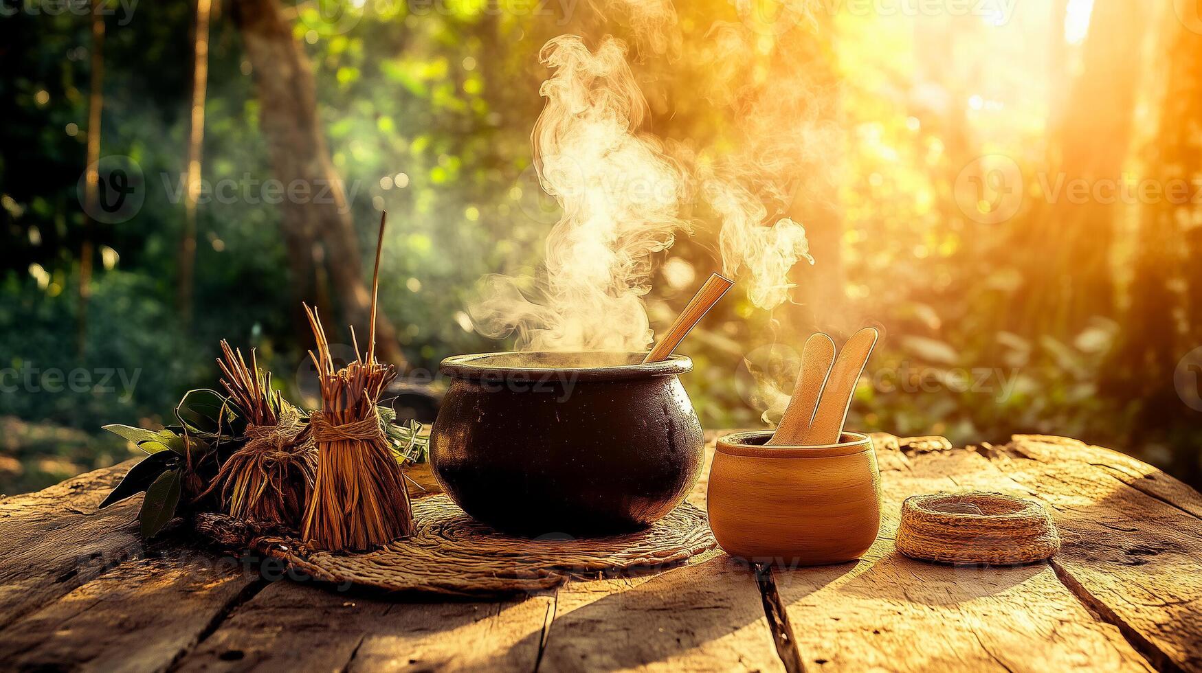 Hyper-realistic ayahuasca brew in Amazon rainforest during shamanic ceremony photo