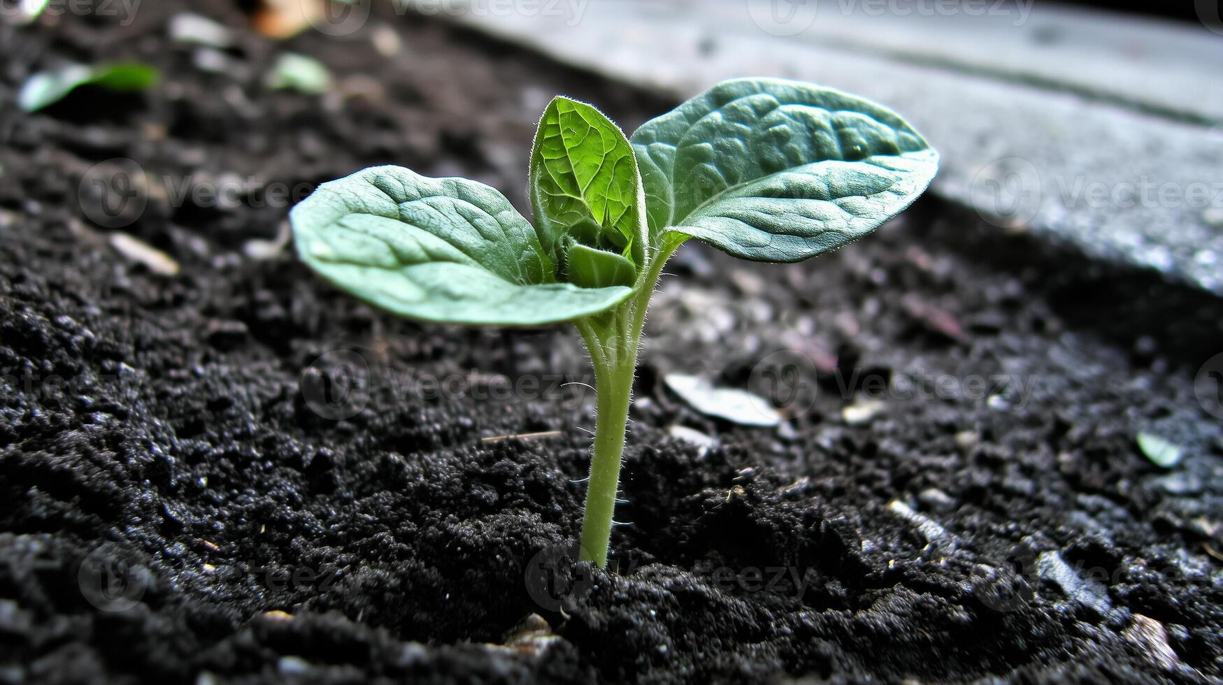 Plant Growing Out of Dirt Captured From Low Angle During Morning Light photo